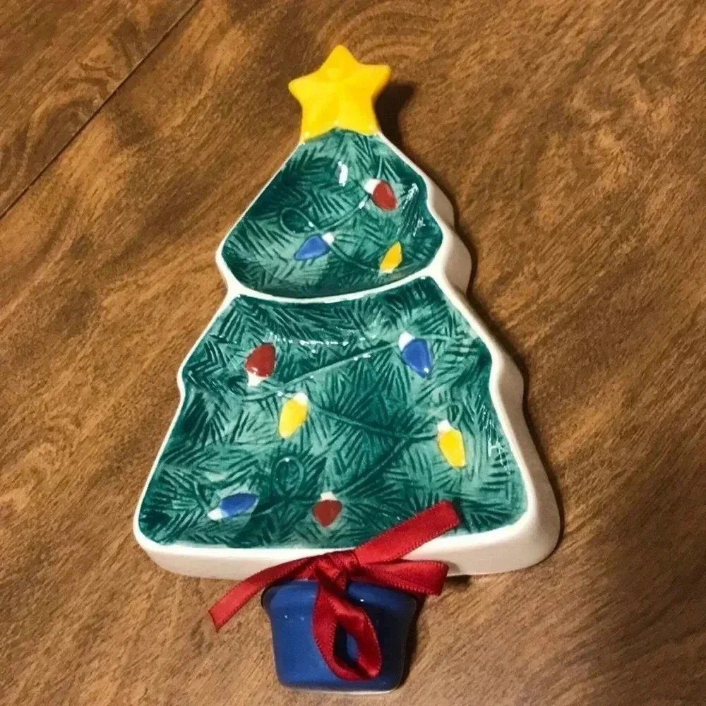 Hallmark Ceramic Christmas Tree Candy Dish‎ 2 Section Divided Server Tray Star